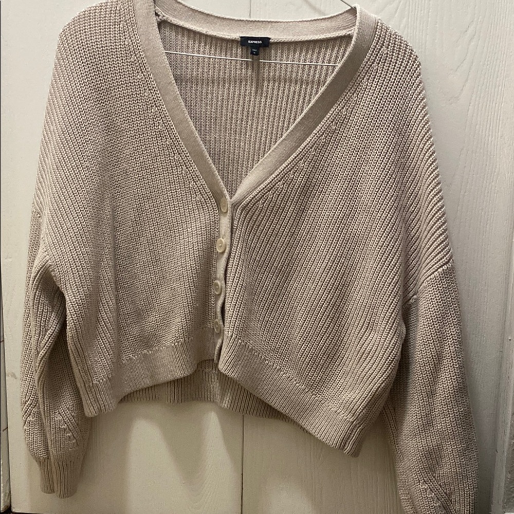 Express purple/beige Cardigan Sweater with Ribbed Knit and Cropped Fit